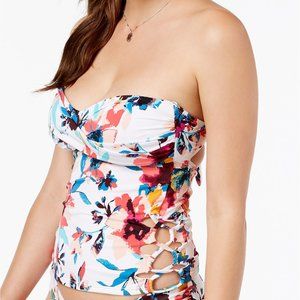 Bar III Floral-Print Lace-up Halter Bandeau Tankini Top White